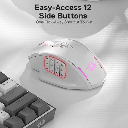 Redragon M913 Wireless RGB MMO Gaming Mouse 16000 DPI Remapping Keys | Cable-Free 0 Delay Dedicated for FPS Gamers, Redefine Keybinding Macro, Vibing Backlight, Ergonomic Grip Body Comfort - color: White, style: Wireless M913