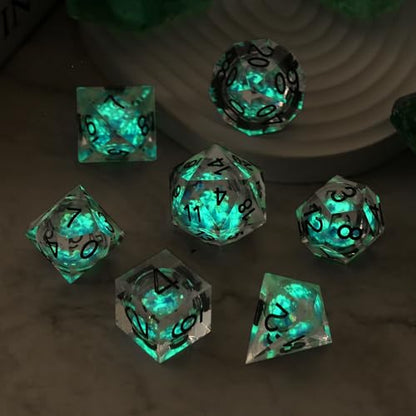 DNDND Glow in the Dark Liquid Sharp-Edge Dice Set 7PCS - Clear Resin Polyhedral DND Dice with Luminous Blue Liquid Orb & Glitter for D&D RPG Table Games （Glow Blue - color: Glow Blue