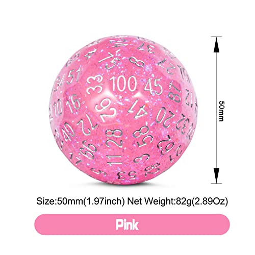 DNDND D100 Die with Pink Chameleon Powder Inside with Translucent Pouch for D&D Dungeon and Dragons - color: Chemele Pink