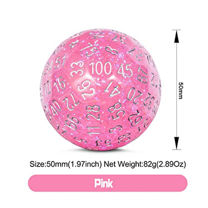 DNDND D100 Die with Pink Chameleon Powder Inside with Translucent Pouch for D&D Dungeon and Dragons - color: Chemele Pink