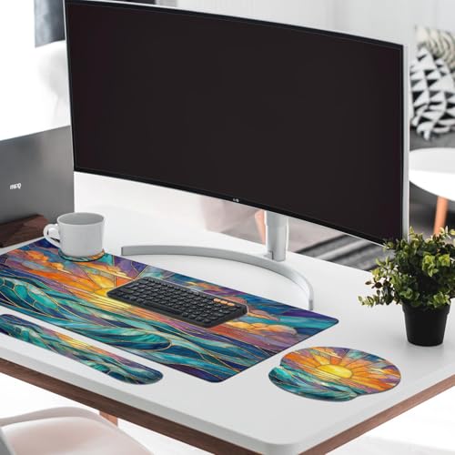 Britimes Gold Sun Ocean Keyboard Mouse Pad Set Boho Colorful 4in1 Large Mousepad+Keyboard Wrist Rest+Mouse Wrist Rest+Coaster Ergonomic Design for Home Office Computer 35.4x15.7 inches - color: Gold Sunset Ocean