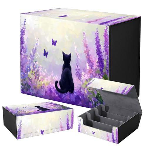 Strong Magnet for TCG MTG Commander Deck Box Playing Card Case Organizer Trading Card Case Creative Pattern Trading Card Storage Box for Collectible Games Up to 2400 CardsCat Purple Lavender Butterfly - color: Cat Purple Lavender Butterfly