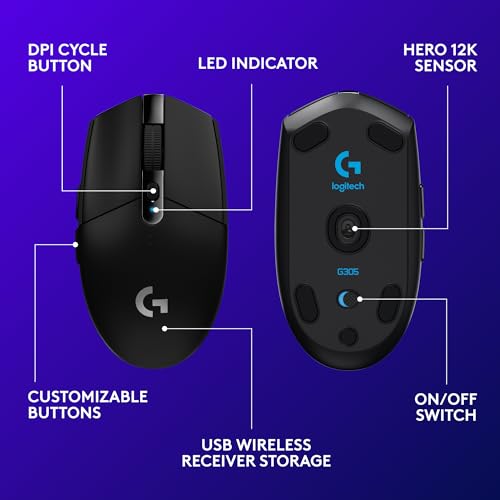 Logitech G305 Lightspeed Wireless Gaming Mouse - Black | HERO sensor, 12,000 DPI, Six programmable buttons, 250-hour battery, On-board memory - color: Black, style: Classic