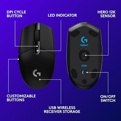 Logitech G305 Lightspeed Wireless Gaming Mouse - Black | HERO sensor, 12,000 DPI, Six programmable buttons, 250-hour battery, On-board memory - color: Black, style: Classic