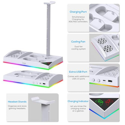 Upgraded RGB Cooling Fan Charge Stand for Xbox Series S Console &Controller | Dual Charger Dock Cooler System Stand with 15 Colorful Light Modes Accessories with 2*1400mAH Rechargeable Battery, White - color: White