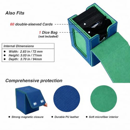 MTG Deck Box with Commander Display Window (Blue&Green, 1 window) | Holds 120 Single/100 Double-Sleeved Cards, Fit MTG/PTCG/OPTCG Cards, Strong Magnet, PU Leather, With 2 Dividers & 1 Toploader - color: Blue and Green