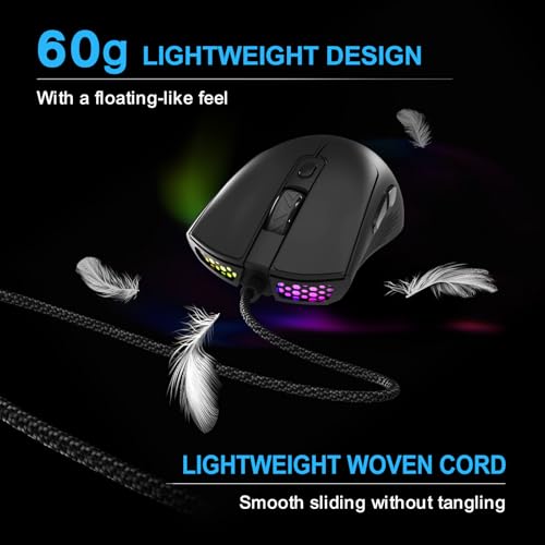 FOXXRAY SM-91 RGB Gaming Mouse, 60g Ultra-Lightweight Wired Mouse, 7200 DPI, 7 Programmable Buttons, Anti-Slip Side Grips, 6ft (1.8m) Braided Cable, Ergonomic Gaming Mouse for Windows/PC/Laptop