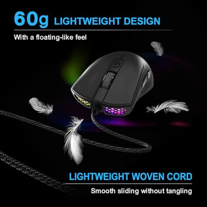 FOXXRAY SM-91 RGB Gaming Mouse, 60g Ultra-Lightweight Wired Mouse, 7200 DPI, 7 Programmable Buttons, Anti-Slip Side Grips, 6ft (1.8m) Braided Cable, Ergonomic Gaming Mouse for Windows/PC/Laptop