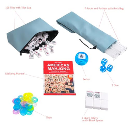 Jongyance American Mahjong Set with Light Blue Carrying Bag, 166 White Tiles, 4 Racks with Pushers, Mahjong Tiles Set for Beginners - color: Lgiht Blue