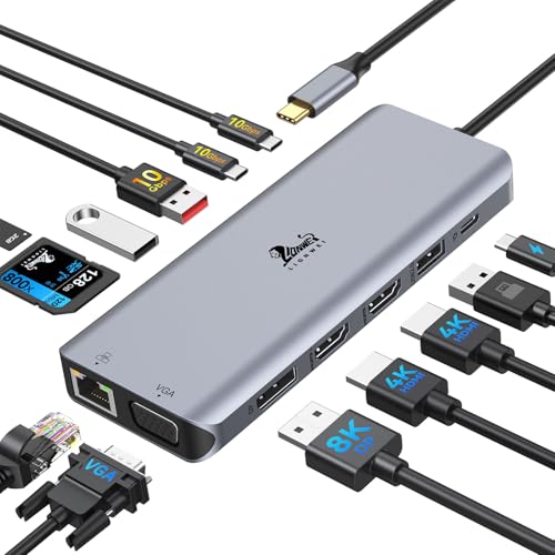 13-in-1 Docking Station to 4 Monitors, LIONWEI USB C Hub for Laptop Mac | Triple 4K, Dual HDMI+DP+VGA, 10Gbps, 100W PD, Ethernet, SD/TF, 6 USB C/A Ports, USB C Dock for MacBook/Dell/HP/Lenovo/Surface - color: 13-in-1 (4 Monitor)