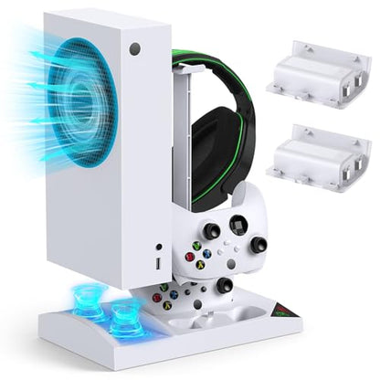 MENEEA Charger Stand Cooling Fan for Xbox Series S Console&Controller,White | Vertical Dual Cooler System Charging Dock Accessories with 2x1400mAh Rechargeable Battery, Earphone Bracket for Xbox Series S - color: White
