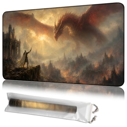 MTG Playmat with Storage Bag, Knight Dragon Art, 24 x 14 Inch Stitched Non Slip Rubber Trading Card Game Mat, 2mm Thick Tabletop Mat for Card Games - color: Knight Dragon Art, size: 24L x 14W inches
