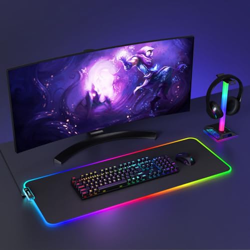 Hcman RGB Gaming Mouse Pad, Large Mousepad with Led Light, PC Gaming Accessories Black Keyboard Pad for Desk, Non-Slip Rubber Base XXL Big Mouse Mat for Gamer Boy Men Gift (31.5 X 12 Inch) - size: X-Large