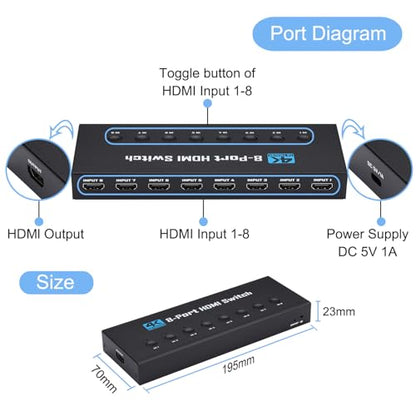4K HDMI Switch 8 in 1 Out, 8 Port HDMI Switch with IR Remote Control, Support 4K@30Hz, 3D, 1080P, HDMI 1.4, HDCP 2.2, Ultra HD for HDTV, PS3/4/5, Game Consoles etc - color: Deep Black2