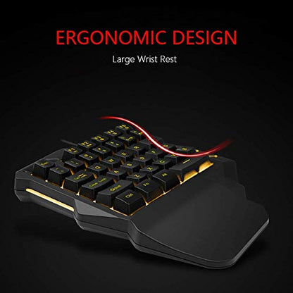 MFTEK One-Handed RGB Gaming Keyboard, USB Wired Letters Glow with Wrist Rest Support Multimedia 35 Keys Mini Gaming Keypad, Backlit Ergonomic Mechanical Feel & 6400 DPI Programmable Mouse Combo Set