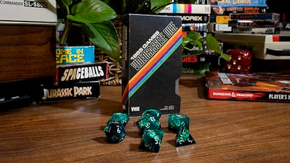 Sharp Edge DND Dice Set – Surge 7 Piece Polyhedral Dice in Retro VHS Box – TTRPG Tabletop RPG Game Accessory - style: Surge