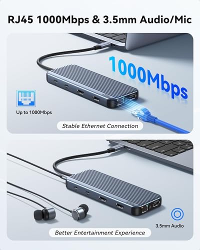 USB C Docking Station 3 HDMI, Selore 12 in 1 Laptop Docking Station 3 Monitors with Triple HDMI,10Gbps USB A/C 3.1,USB 2.0,100W PD Charging, Gigabit Ethernet, Audio Mic,SD/Micro SD Card Slot - size: 12-in-1