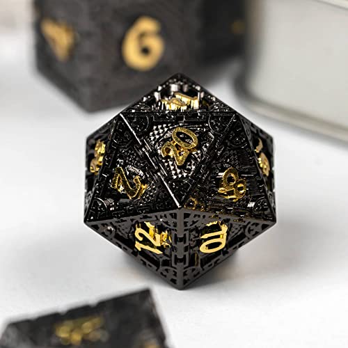 UDIXI Metal DND Dice Set Polyhedral D&D Dragon Metal Dice for RPG (Black) | 7-Pieces, Dragon Carved, Chain-edge Design, Metal Gift Box, DM Gift, for Dungeons and Dragons Role Playing Games - color: Chain Frame-black Golden