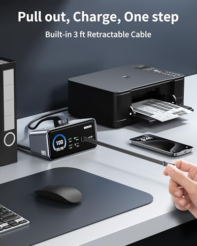MOKiN 100W Max Charging Station with Retractable Cord, 8-in-1 Power Strip | 3 AC, 3 USB C, 3 USB A Charging Station for Multiple Devices, Desk Accessories GaN Charger for iPhone, iPad, MacBook, Galaxy