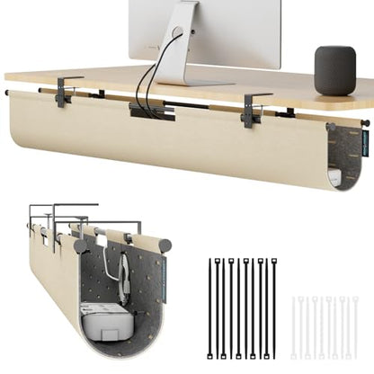 No Drill Under Desk Cable Management Tray, 45.2" Felt Cord Organizer | Clamp or Screw Mount, Converts to Privacy Panel, Pegboard Design, Wire Management for Standing Desk & Home Office - size: 45.2"-Khaki