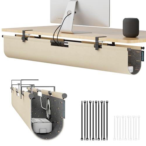 No Drill Under Desk Cable Management Tray, 45.2" Felt Cord Organizer | Clamp or Screw Mount, Converts to Privacy Panel, Pegboard Design, Wire Management for Standing Desk & Home Office - size: 45.2"-Khaki
