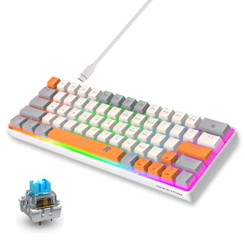 60% Mechanical Gaming Keyboard 60 Percent,LED Backlit Compact 63 Keys Mini Wired Keyboard for PC,Windows XP,Win 7/10,Vista,Me,Typist,Travel,(Grey-White-Orange, Blue Switches)