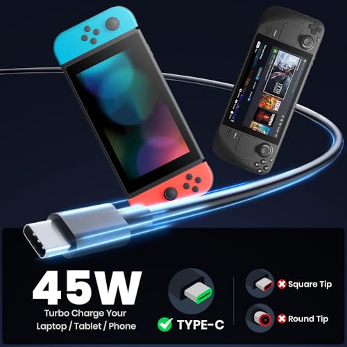 45 Watt Charger for Steam Deck, for Nintendo Switch Lite/OLED/Charging Station/Dock Sat, Switch/XBX/PS5 Controller Stream Deck AC Adapter USB C Fast Charger with 90 Degree Right Angle USB C Adapter