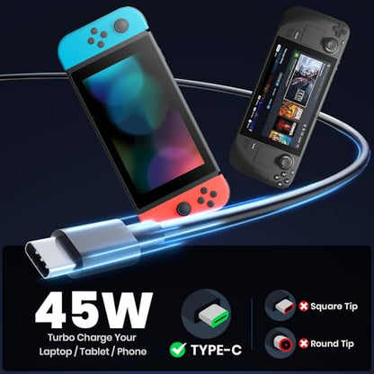 45 Watt Charger for Steam Deck, for Nintendo Switch Lite/OLED/Charging Station/Dock Sat, Switch/XBX/PS5 Controller Stream Deck AC Adapter USB C Fast Charger with 90 Degree Right Angle USB C Adapter
