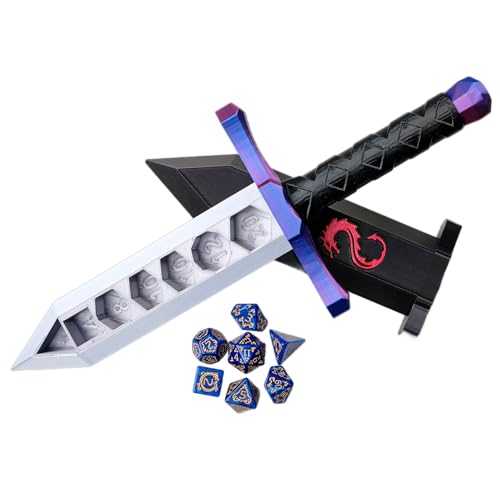 3D BEST-Q Dice Sword Holder (Dragon-Patterned 7PCS D20 Dice Set Included), Custom Polyhedral Dice Storage for Tabletop RPG - Dungeons and Dragons - DND - D&D (Purple&Blue) - color: Purple&blue