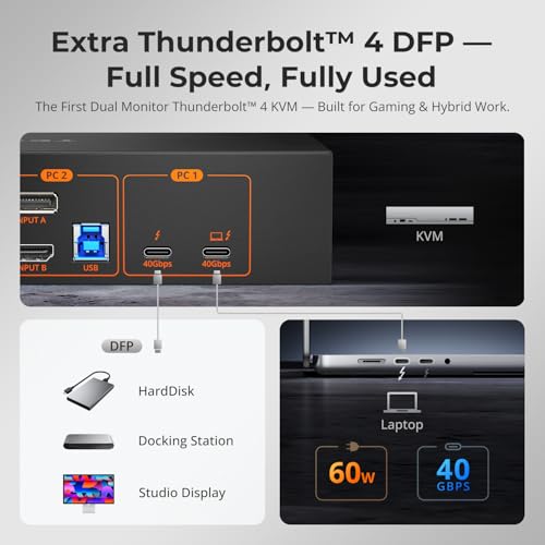 TESmart Thunderbolt 4 KVM Switch 2 Monitors 2 Computers 4K@60Hz, HDMI+DisplayPort KVM Switch Dual Monitor for 1 Laptop (TB4 USB C w/Charging 60W) & 1 Desktop (HDMI 2.0 & DP1.2), Gigabit Network, EDID - style: 2 Monitors | 1 Desktop + 1 Laptop (TB4) | 4K60