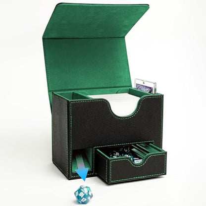 MTG Deck Box for Commander with Dice Tray - Card Deck Box Fits 100 Double-Sleeved Cards & 35PT Card Brick with Commander Display & Magnetic Holder for TCG/CCG Games(Black/Green) - color: Black Green