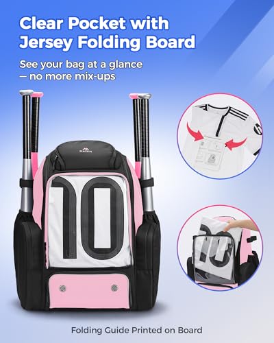 MATEIN PRO Youth Baseball Backpack for 4 Bats, Collapsible Shoe Compartment | Water Resistant, Large, Boys Baseball Bat Bag, Insulated Beverage Pocket, Clear Display Window, Storage Holds Glove, Helmet - color: Light Pink