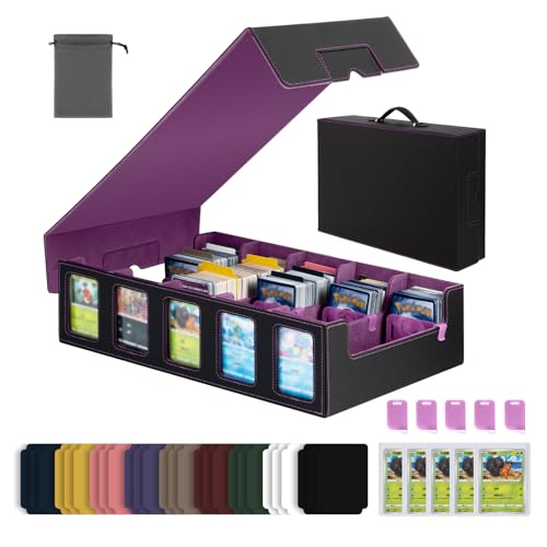 Trading Card Storage Box with Commander Display, 5-Row Deck Case with Removable Lid & Handle, 4000+ Card Organizer with 48 Colorful Dividers & 5 Stoppers for MTG, Black & Purple - color: Black & Purple, size: 4000+, with Handle