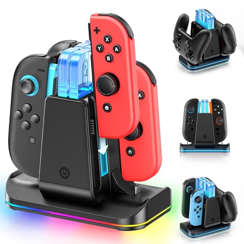 Switch 2/1 Compatible Controller Charging Dock, 6-in-1 Charger Station for 4 Joy-Cons & 2 Pro Controllers, 9 RGB Modes Fast Charging Stand for Switch 2 Accessories, with LED Indicator - size: L-Black-Switch 2/1 & Pro