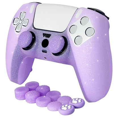 Purple Glitter Anti-Slip Protective Silicone Cover Skin Compatible with PS5/Slim/Pro Controller,8 PCS Glitter Thumb Grips Caps and 2 Grips Caps. - color: Purple
