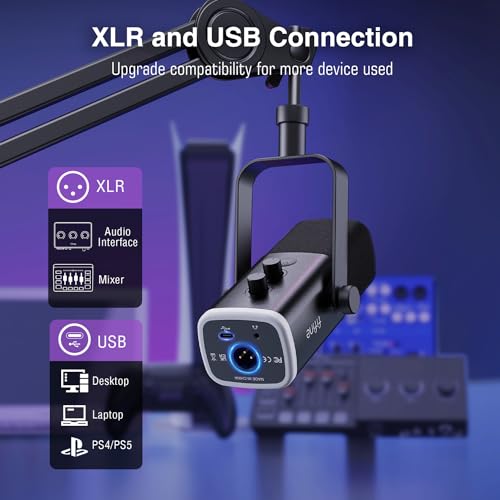 FIFINE XLR/USB Microphone and Heavy Duty Boom Arm Kit, PC Computer Gaming Streaming Mic with RGB Light, Mute Button, Headphones Jack, Microphone Arm Stand Bundle for Podcast Recording (AM8+BM63)