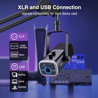 FIFINE XLR/USB Microphone and Heavy Duty Boom Arm Kit, PC Computer Gaming Streaming Mic with RGB Light, Mute Button, Headphones Jack, Microphone Arm Stand Bundle for Podcast Recording (AM8+BM63)