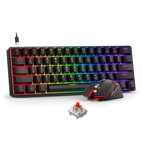 BlueFinger 60% Mechanical Gaming Keyboard and Mouse Combo - RGB Rainbow Backlit 61 Keys Red Switch Keyboard & 4 DPI LED Gaming Mouse, USB Wired Set for PC Laptop Xbox PS4 PS5, Black - color: Black