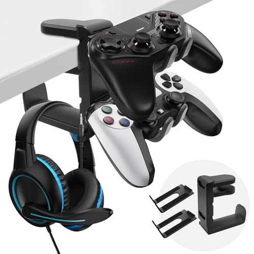 3 In 1 PC Gaming Headphone & Controller Stand Holder, Clamp On Headset Hanger with 360° Rotation Hook, Under Desk Cable Clip Organizer Earphone Storage Rack, Universal XBOX PS5 PS4 Switch Gift, Black