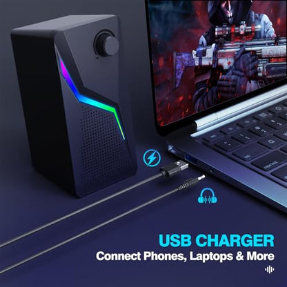 Computer Speakers for Desktop PC, USB Powered with AUX Connection, 6 RGB Lighting Modes, Volume Knob Control, Plug and Play Stereo Speakers for Monitor, Laptop, Gaming, Movies - style: CO-702