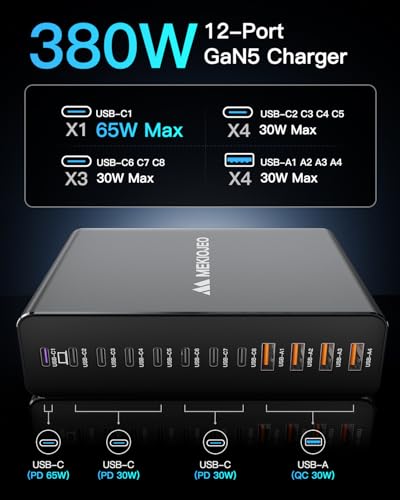 12 Ports Aluminum Alloy 380W Charging Station Fast USB C Charger Block | 65W Laptop GaN Charger for MacBook Pro/Air/iPad Pro/iPhone - color: Gray