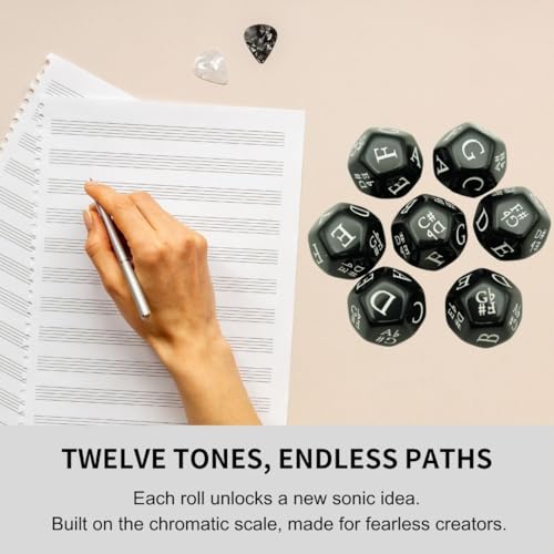 Music Dice Set – 7 Black 12-Sided Dice with Twelve-Tone Scale (12-TET) – Perfect for Composition, Improvisation, Music Education & Teaching – Includes Velvet Carry Bag