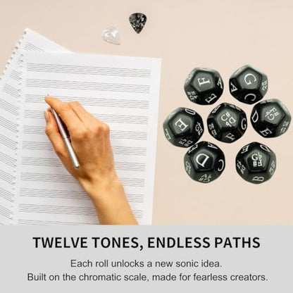 Music Dice Set – 7 Black 12-Sided Dice with Twelve-Tone Scale (12-TET) – Perfect for Composition, Improvisation, Music Education & Teaching – Includes Velvet Carry Bag