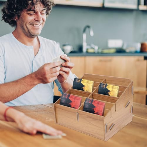 Multi-Functional 12-Compartment Wooden Card Storage Box for Trading Cards and Tokens, Lightweight Portable Organizer for Games DIY Assembly Light Brown