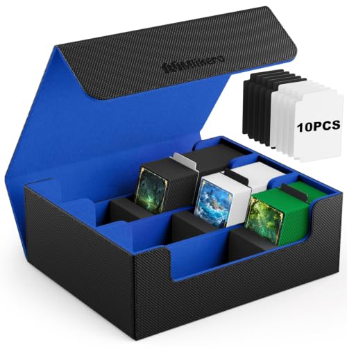Mlikero Trading Card Storage Box, Bulk Card Storage for 1800+ Sleeved Cards, PU Leather Magnetic Closure Card Organizer with 10 Dividers & 3 Foam Stoppers, Fit for MTG, TCG and Sports Cards (Blue) - color: A3-Blue, size: A-3 Row