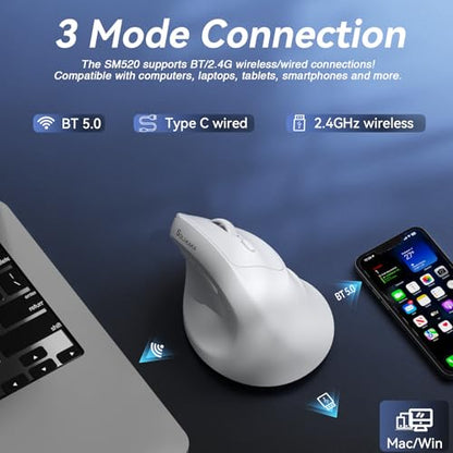 SOLAKAKA SM520 Ergonomic Wireless Mouse with 24,000 DPI, White | Stable Tri-Mode Connection, Comfortable Vertical Design, Rechargeable Battery, Programmable Side Button, for PC, Laptop - color: white