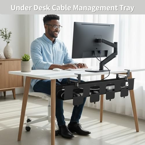 No Drill Under Desk Cable Management Tray, 47.5” Fabric Clamp Mount Cord Organizer for Table, Heavy Duty Wire Management for Office Home, Black - size: 48 inch