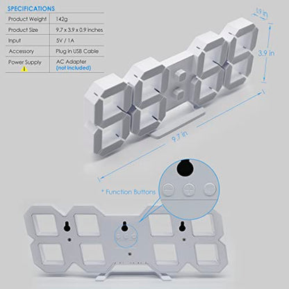 KOSUMOSU 3D LED Digital Wall Clock ,9.7", Large Display Table/ Desk Clock with Remote Control 12/24H Temperature (White Light) - color: 9.7in Clock-white Light