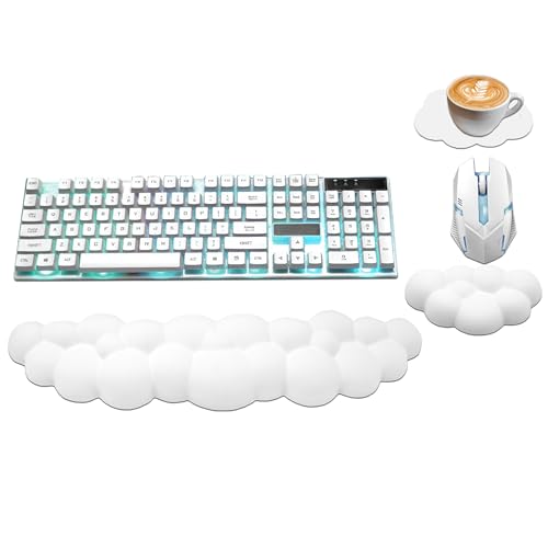 Cloud Wrist Rest Keyboard, Ergonomic Keyboard Wrist Rest Pad Set | PU Leather Memory Foam Wrist Rest for Computer Keyboard, Cute Mouse Wrist Rest for Gaming, Office, Typing Pain Relief, White - color: White