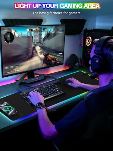 Wireless Charging Mouse Pad, 31.5"x11.81" XL Gaming Mousepad with 11 RGB Colors & 5 Lighting Modes, Home Office Large Desk Pad, Ultra-Smooth Surface, Non-Slip, Waterproof Keyboard Pad Black Desk Mat - color: 31.5x11.81"-Black Left Upgraded